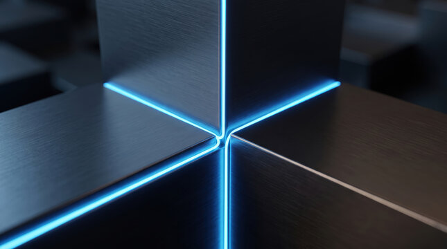Abstract metallic blocks connected by glowing blue neon lines visualize concepts of modern technology, data flow, secure networks, and a sophisticated digital future