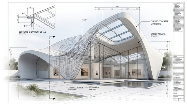Modern architectural design merging a realistic rendering with detailed engineering blueprints, illustrating the conceptual phase of a building project and its complex construction planning