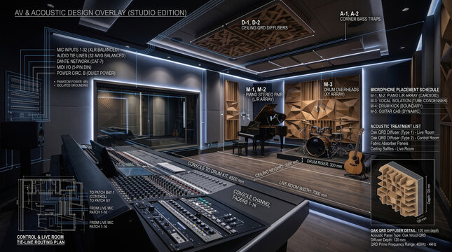 Professional recording studio design with detailed acoustic treatment plans, advanced audio visual systems, and instrument setup for high fidelity music production