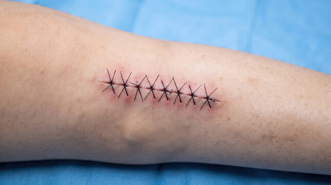 Healing surgical incision with black stitches closing a wound on a patient's limb, representing medical recovery, first aid, and healthcare procedures