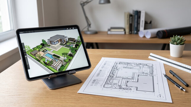 Tablet displaying a detailed 3D architectural rendering of a contemporary residential property with landscape design, pool, terrace and digital tools for real estate and planning workflows