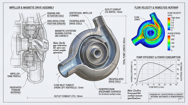 Ventricular assist device diagram detailing internal components, flow velocity heatmap, and pump efficiency, showcasing medical engineering for cardiovascular health and circulatory support