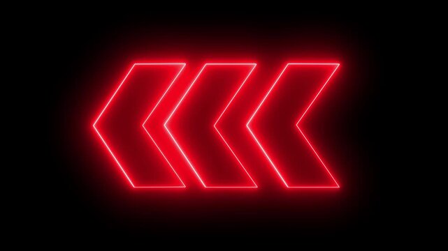 bright red neon light arrows pointing to the right. 3 D rendering of glowing neon arrows on alpha transparent background. Flashing direction indicators. 4 animation ...
