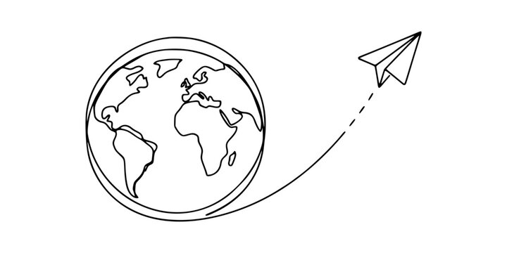 Simple line art drawing of a paper plane flying around the globe earth showing travel adventure and global connection concept