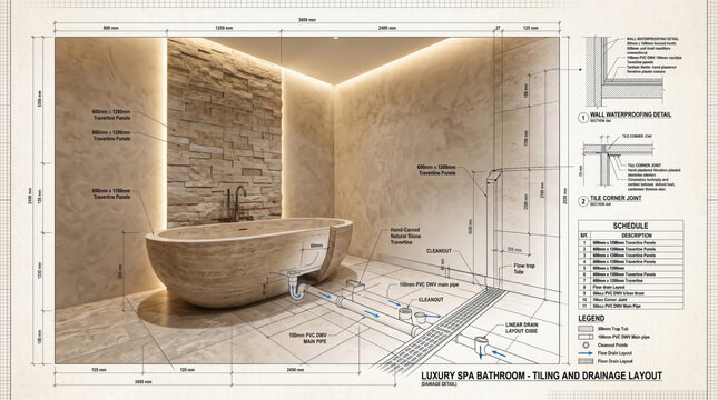 Architectural rendering overlaying a detailed blueprint with drainage plans, wall waterproofing, and material specifications for a luxury spa bathroom design project