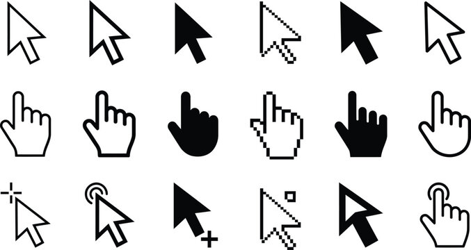 Mouse Cursor and Hand Pointer Icon Set, Click Arrow Vector Collection, Black UI Navigation Symbols