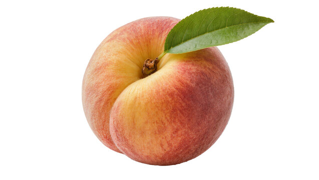 Ripe flat peach with green leaf, isolated on transparent background