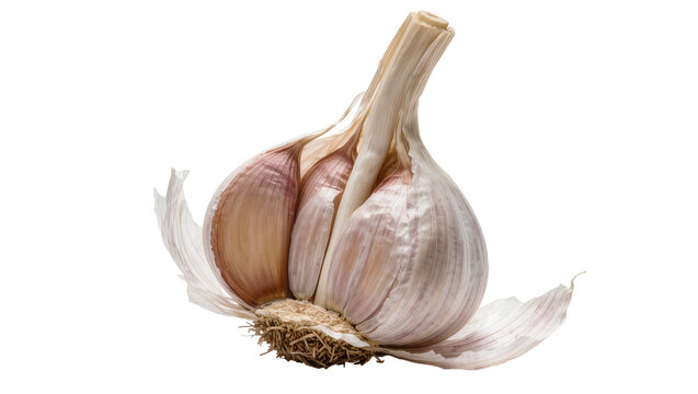 Single garlic bulb with papery skin and root fibers, isolated on transparent background