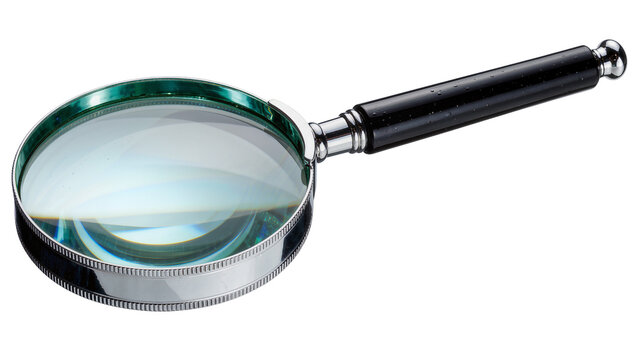 Classic magnifying glass with chrome rim and black handle, isolated on transparent background