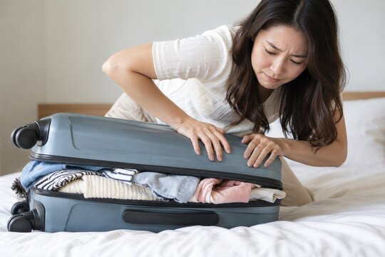 woman closing an overpacked suitcase for travel