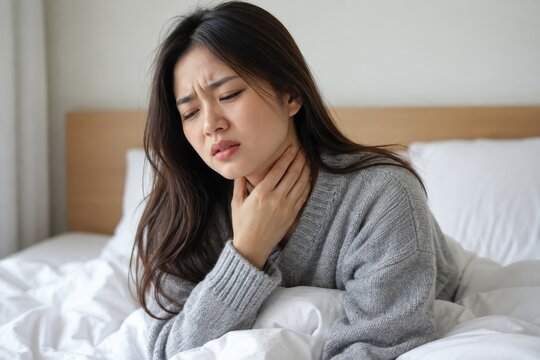 woman touching her neck with a sore throat