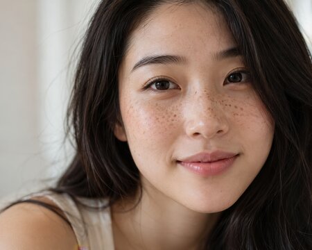 young woman showing freckles on her face