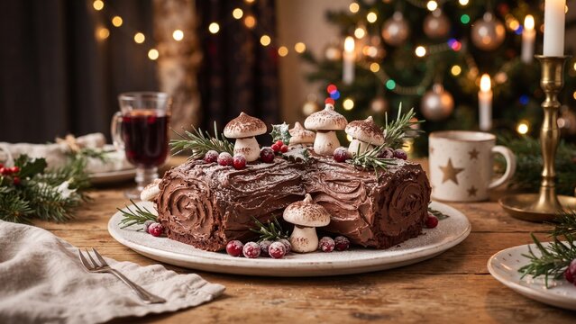 Christmas yule log chocolate cake with meringue mushrooms and berries. Festive buche de noel dessert on holiday table