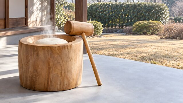 年末の軒下の石板に置いた臼と杵 湯気の立つつきたての餅と冬の庭