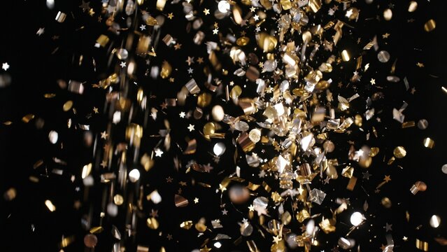 Falling gold and silver metallic confetti and stars on black background