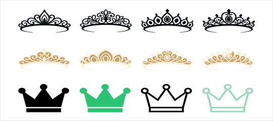 Collection of various crown and tiara icons in different artistic styles and colors © MD JAHIRUL