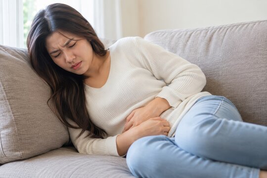 woman holding her abdomen with period pain