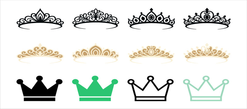 Collection of various crown and tiara icons in different artistic styles and colors