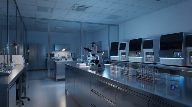 Modern scientific laboratory interior featuring advanced diagnostic medical equipment and automated testing systems for research