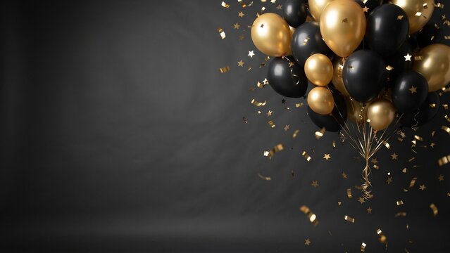 Gold and black balloons with falling gold confetti on dark background with copy space