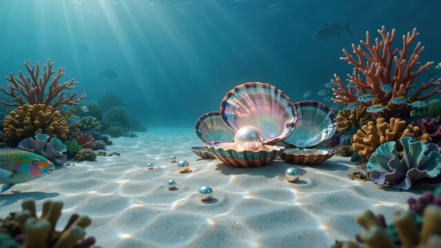 Close up of a pearl inside an open shell underwater scene