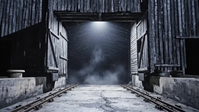 Moonlight illuminates the entrance of a deserted dockside warehouse with weathered wooden walls and railway tracks.