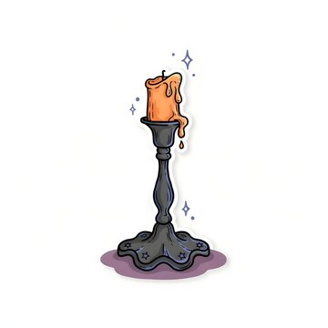 Hand-drawn vector sticker of a melting orange candle in an ornate black vintage candlestick holder with magical stars isolated on white background