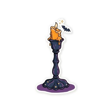 Halloween spooky melting candle on a vintage dark candlestick holder with a cute little bat vector sticker design illustration