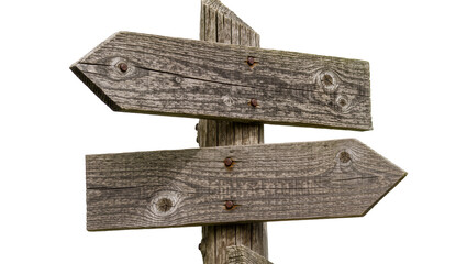 Weathered wooden directional signpost with two arrows, isolated on transparent background © Lilia