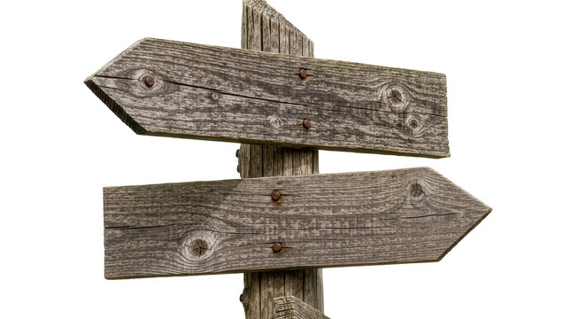 Weathered wooden directional signpost with two arrows, isolated on transparent background