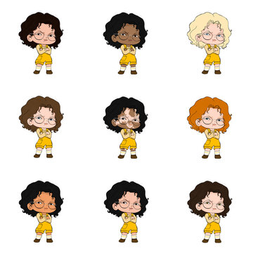 Set of Cute Chibi Curly Girls. 
Diverse chibi curly girls with glasses and yellow outfits; a multiracial character collection.