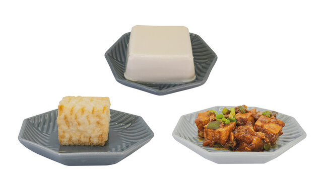 豆腐料理3種セット 冷ややっこ・厚揚げ・麻婆豆腐 背景透過 マクロ撮影