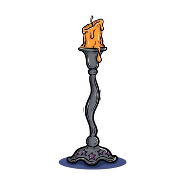 Hand-drawn illustration of a melting spooky candle on a vintage gothic candlestick holder with stars on a white background