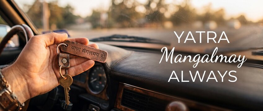 Car key Hindi keychain driver holding ignition key inside car for road trip travel journey at sunset with Yatra Mangalmay Ho wish overlay for safe journey concept and vehicle drive travel background