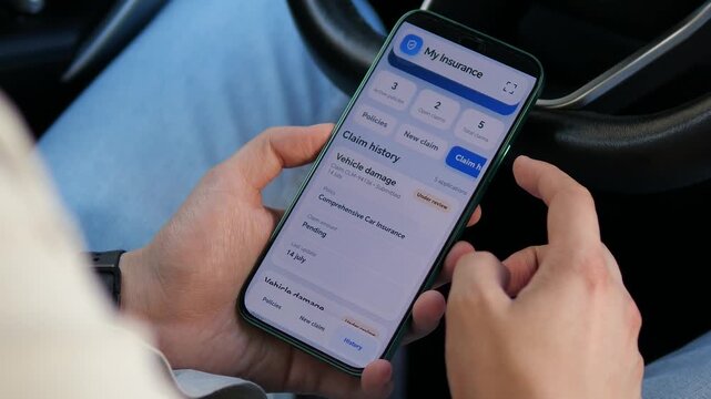 A driver reviews vehicle insurance claims on a smartphone, highlighting digital claim tracking, accident coverage and the shift toward faster mobile insurance services.