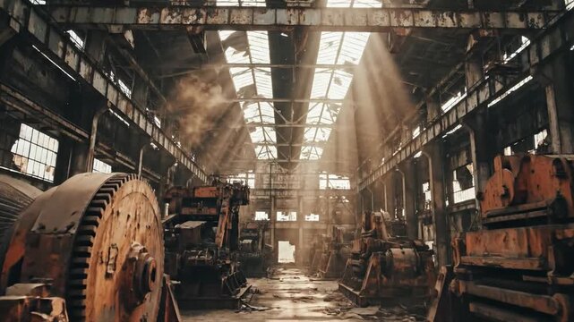 Rust covered machinery and heavy industrial equipment inside an abandoned factory with sunlight streaming from above.