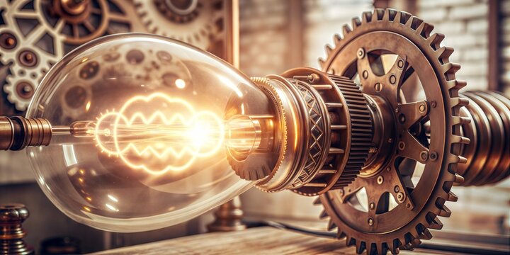 Glowing vintage steampunk light bulb connected to complex brass gear mechanism and cogs on wooden workbench