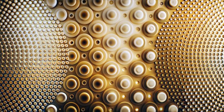 Abstract pattern of concentric circular buttons and beige round cylinders creating tactile modular texture grid