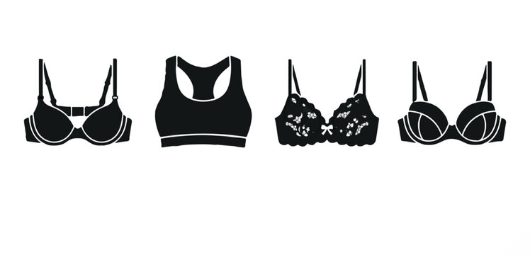 Black bra and sports bra vector set, minimalist icons for fashion design, e-commerce, and branding