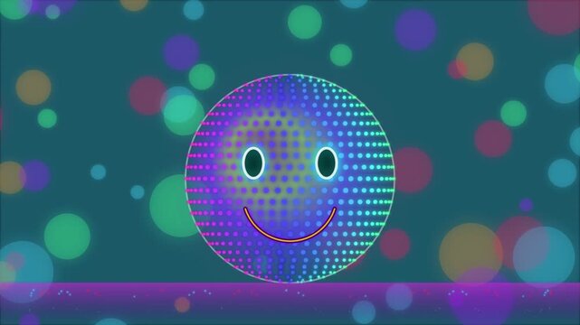 Colorful pixelated smiley face with bokeh background design elements