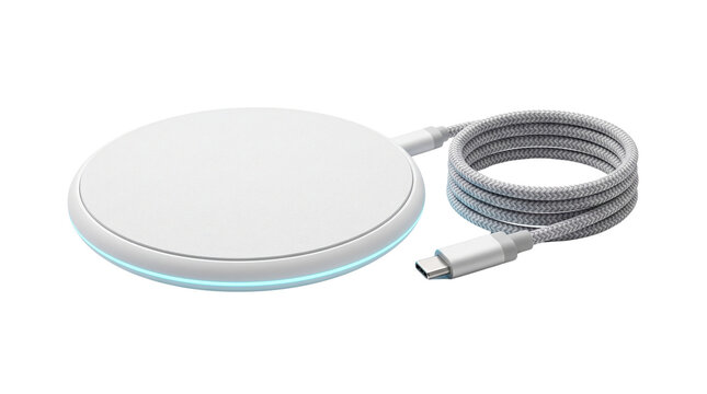 Wireless charging pad with braided cable, modern induction fast charger, sleek white round phone charging station isolated PNG with Transparent Background