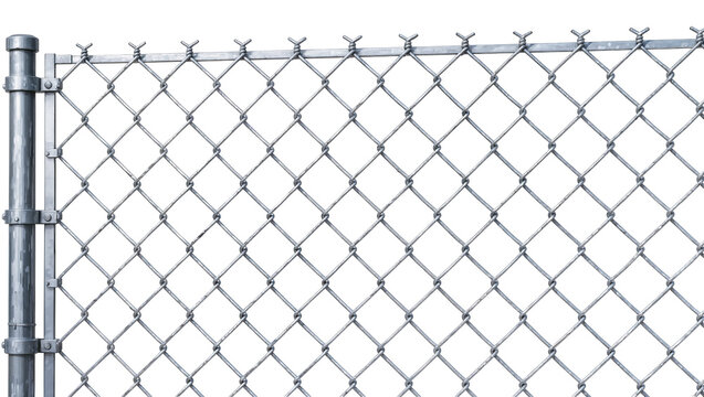 Galvanized steel chain link fence with diamond pattern, isolated on transparent background