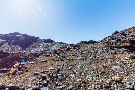Rocky Volcanic Trail Beneath Clear Alpine Sky