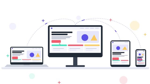 Responsive web design shown on laptop, desktop monitor, tablet and smartphone screens, flat 2D animation of cross-device website layout