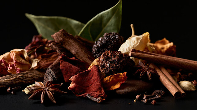 Spice cinnamon anise clove bay dried herb nutmeg pod leaf warm rustic spice cinnamon anise clove bay dried herb nutmeg pod leaf arrangement dark background for culinary flavor autumn cooking