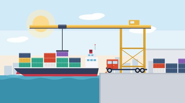 Container ship docked at cargo port while gantry crane loads shipping containers, flat 2D animation of global freight logistics