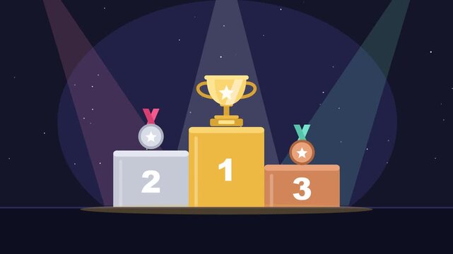 Winner podium with golden trophy and silver and bronze medals under spotlights, flat 2D animation of first place victory and success
