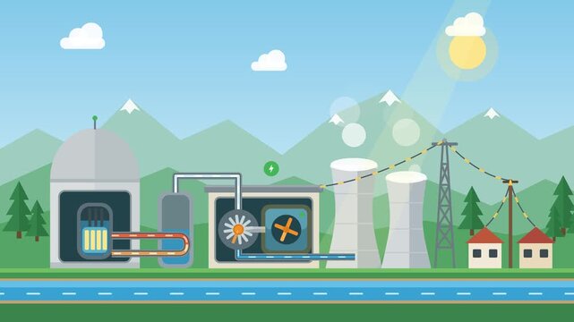 Nuclear power plant with reactor and cooling towers sending electricity to village homes, flat 2D animation of atomic energy generation