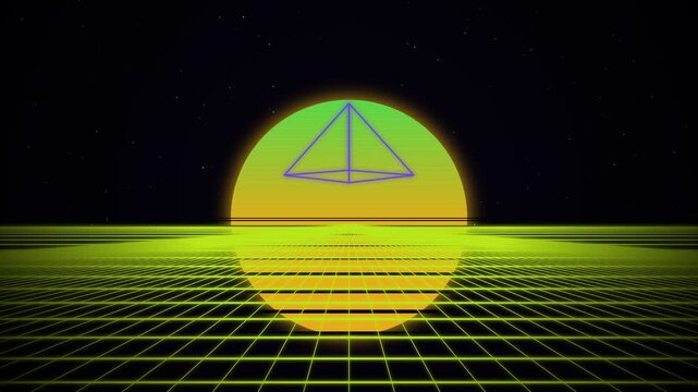 Retro synthwave sunset with floating pyramid over neon wireframe grid