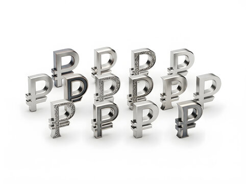 Ruble currency symbols arranged in ascending order with metallic texture for financial branding